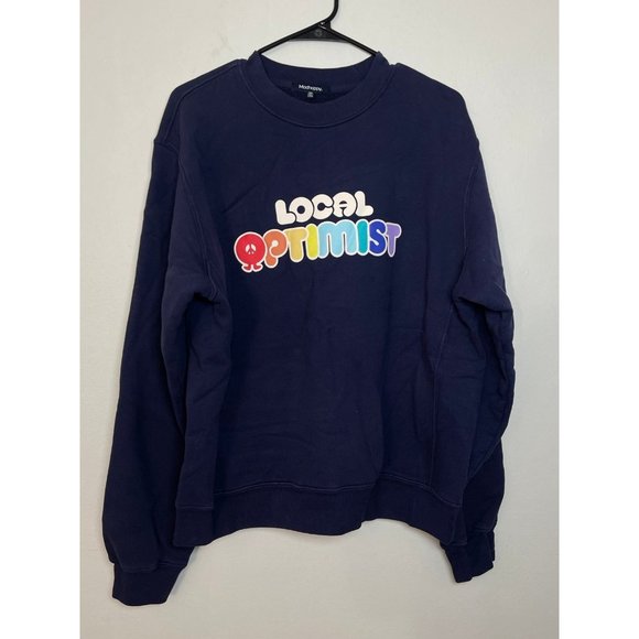 NEW MADHAPPY LOCAL OPTIMIST FLEECE NAVY CREWNECK SZ MEDIUM M